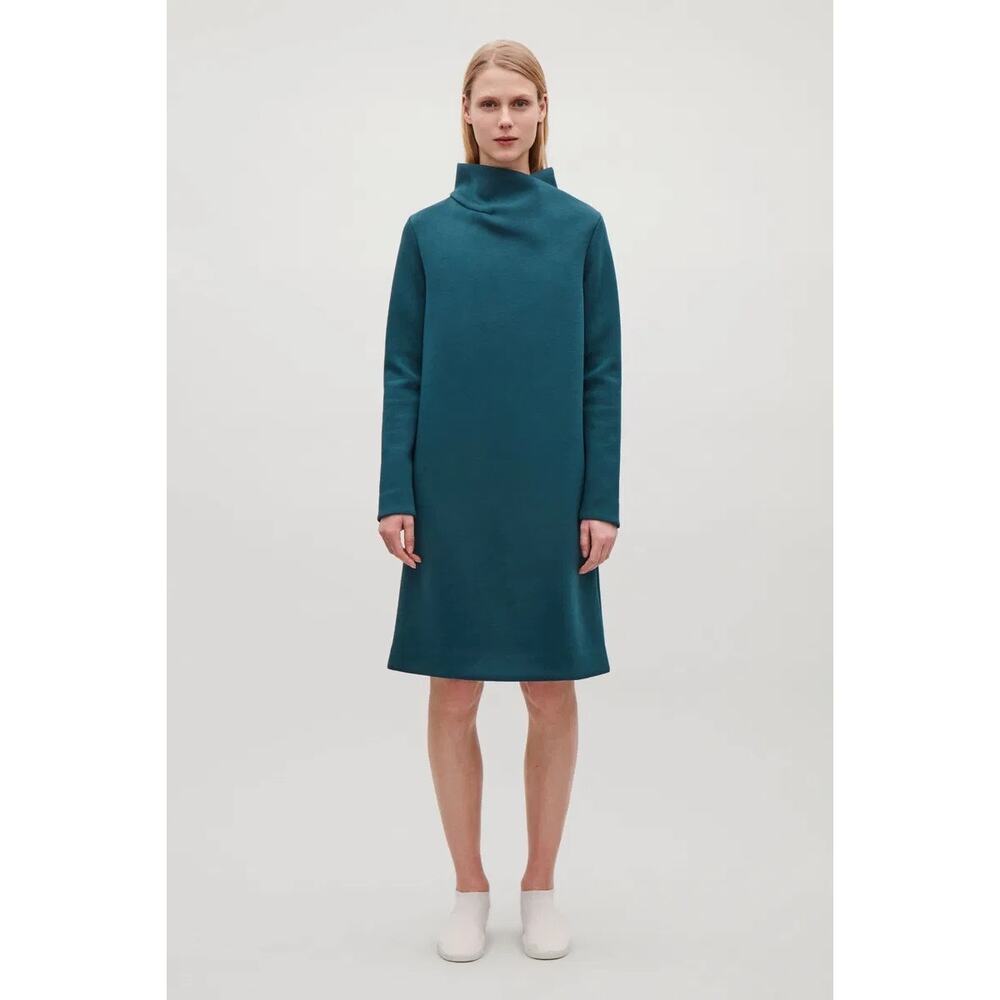 COS Minimalist Draped Neck Dress Long Sleeve Teal Green Small